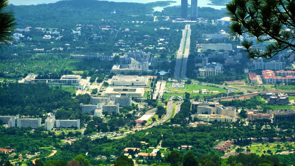 Aerial view of Constitution Avenue and the government buildings in Islamabad, Pakistan