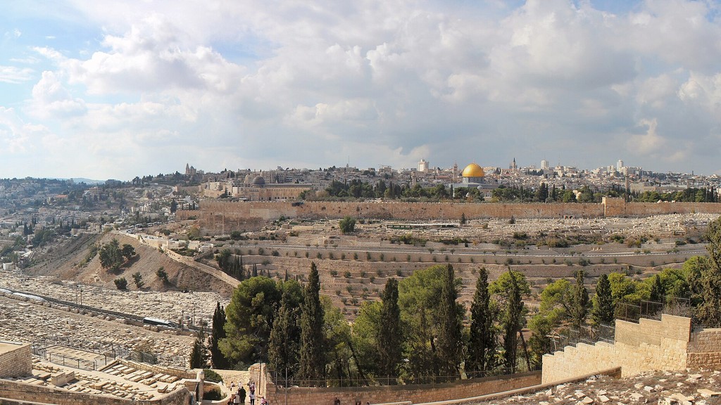 Panoramic view of occupied Jerusalem with the golden Dome of the Rock and the Old City walls