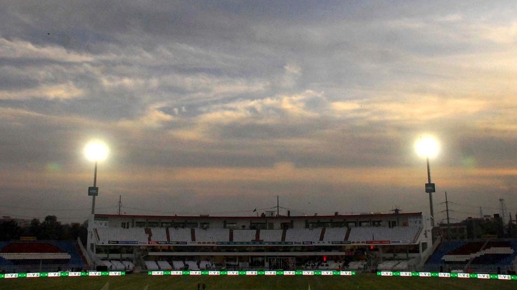 Rawalpindi Cricket Stadium under floodlights at dusk in Rawalpindi, where Pakistan beat Sri Lanka by 37 runs in the ODI tri-series opener