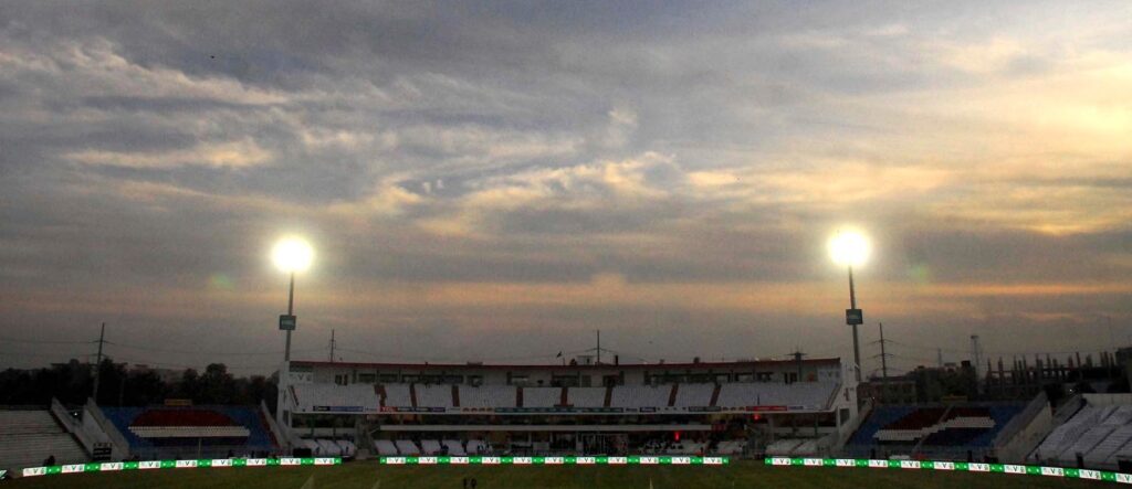 Rawalpindi Cricket Stadium under floodlights at dusk in Rawalpindi, the venue for the final Pakistan vs Sri Lanka T20I