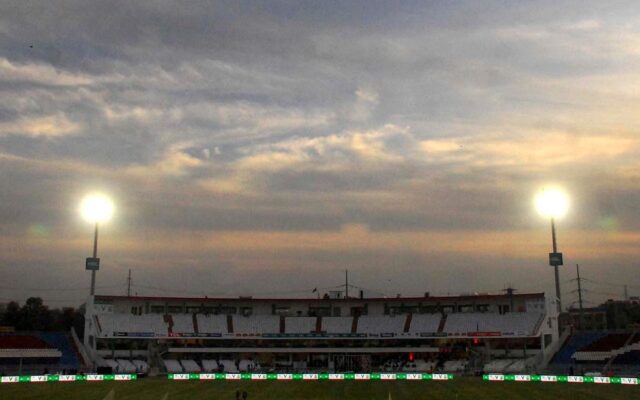Rawalpindi Cricket Stadium under floodlights at dusk in Rawalpindi, the venue for the final Pakistan vs Sri Lanka T20I