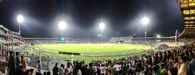 Gaddafi Stadium in Lahore at night, venue for the final of the Pakistan, England and Sri Lanka ODI tri-series