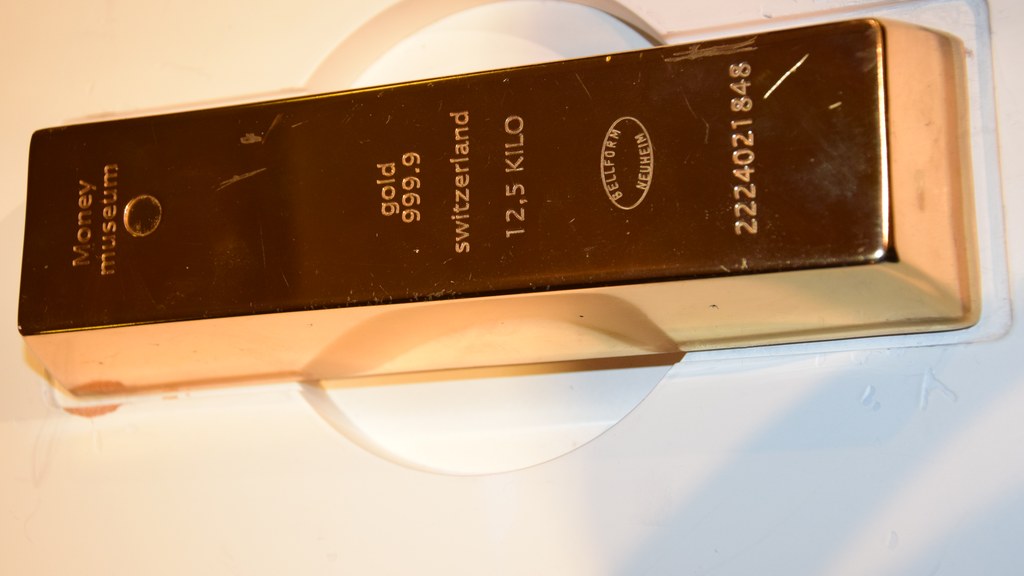 A 12.5 kilogram 999.9 fine gold bullion bar on display