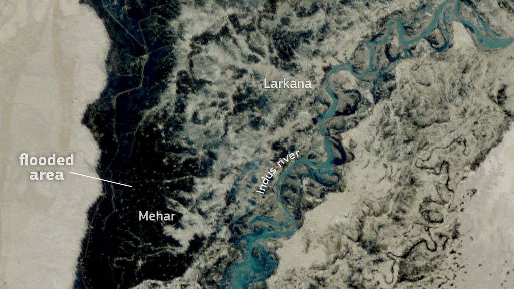 Satellite view of flooded areas in Sindh, Pakistan, during the 2022 floods, shown in a file photograph.