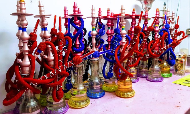 Colourful shisha pipes lined up at a hookah lounge, as Islamabad orders all shisha cafes in the capital to close from October 14