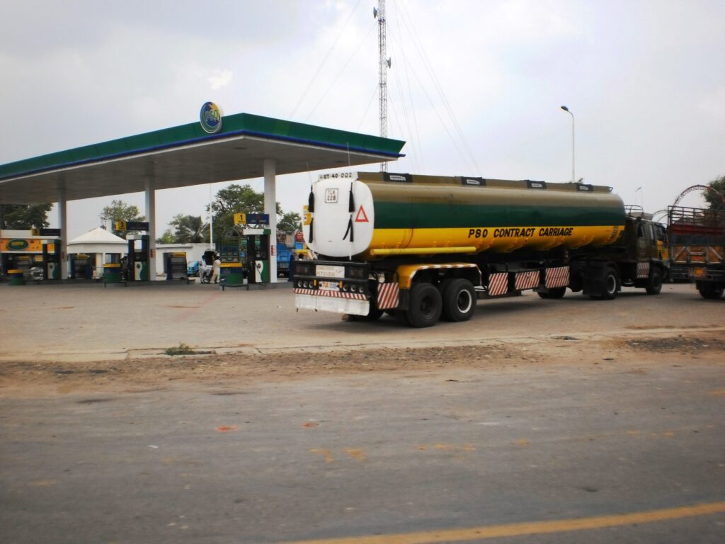 A PSO petrol pump on GT Road near Habibabad with a PSO fuel tanker parked at the station