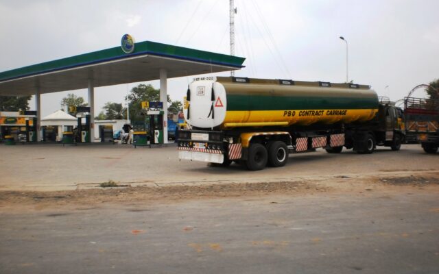 A PSO petrol pump on GT Road near Habibabad with a PSO fuel tanker parked at the station