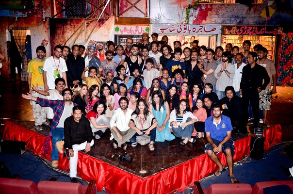 Cast and crew of a musical on stage at the Arts Council of Pakistan Karachi, the venue of the World Culture Festival opening on October 29