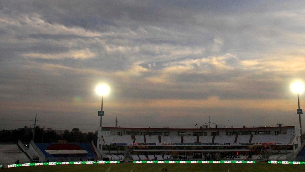 Rawalpindi Cricket Stadium under floodlights, the venue of the tri-series opener after which Pakistan and Sri Lanka were fined for slow over-rates