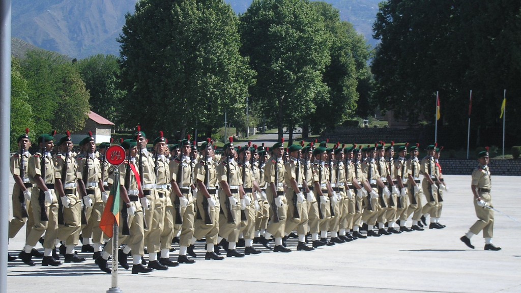 Cadets marching at a Pakistan Military Academy passing out parade at Kakul