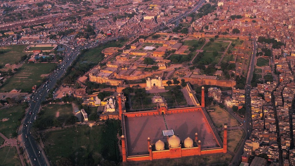 Aerial evening view of the Badshahi Mosque, Lahore Fort and the Old City of Lahore, where the proposed 10-day Basant 2027 festival would be celebrated