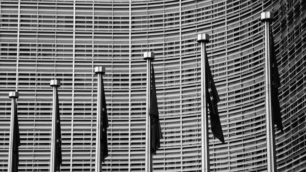 European Union flags in front of the Berlaymont building, headquarters of the European Commission in Brussels, shown in a file photograph.