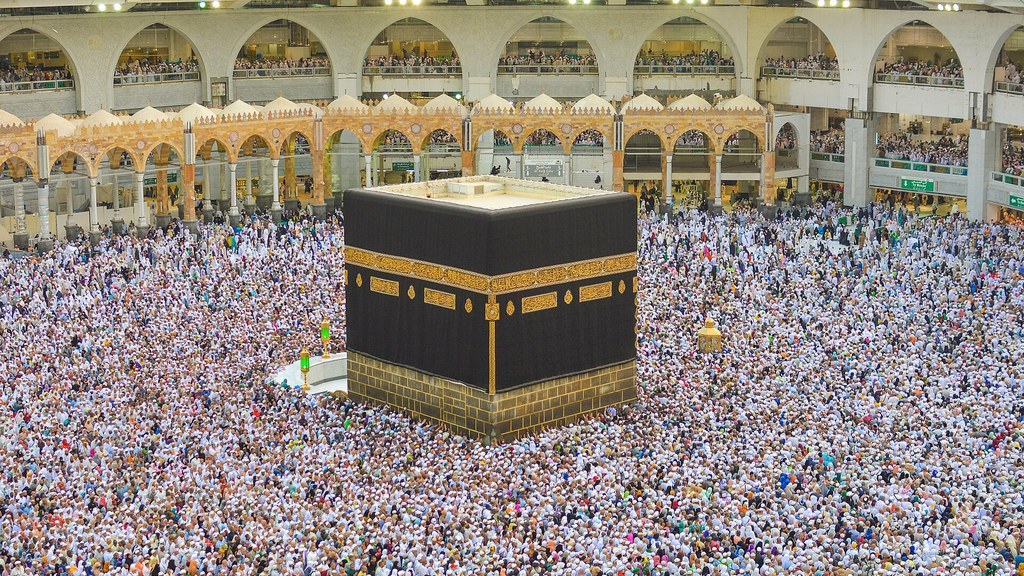 Pilgrims performing tawaf around the Kaaba inside the Grand Mosque in Makkah