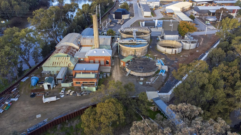 Aerial view of a water treatment plant with circular filtration tanks (file photo)