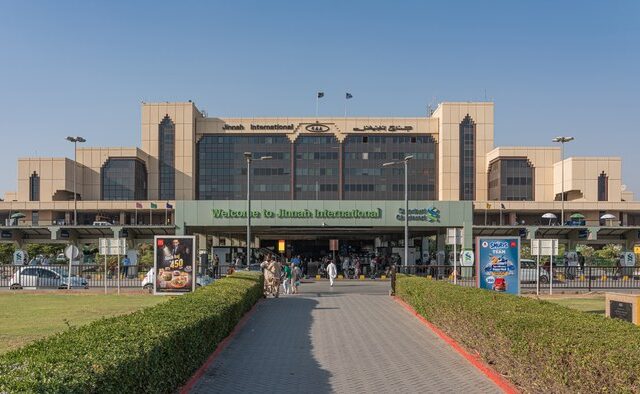 The terminal of Jinnah International Airport in Karachi, one of the Pakistani airports where flights were cancelled and delayed on October 14