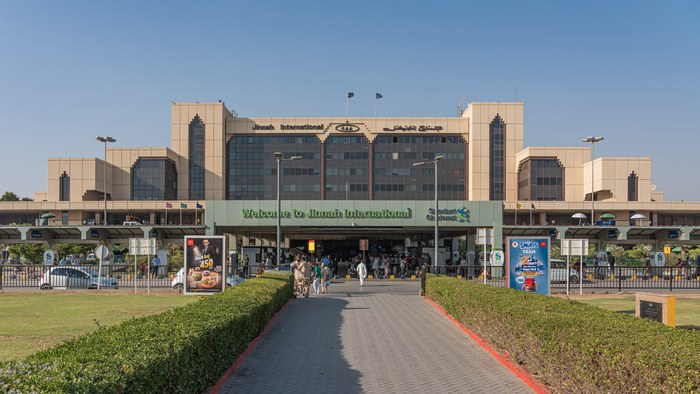 The terminal of Jinnah International Airport in Karachi, one of the Pakistani airports where flights were cancelled and delayed on October 14