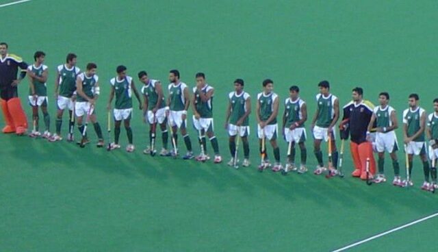 The Pakistan national field hockey team lined up in green kit before a match, as the Pakistan Hockey Federation launches a franchise league to revive the sport