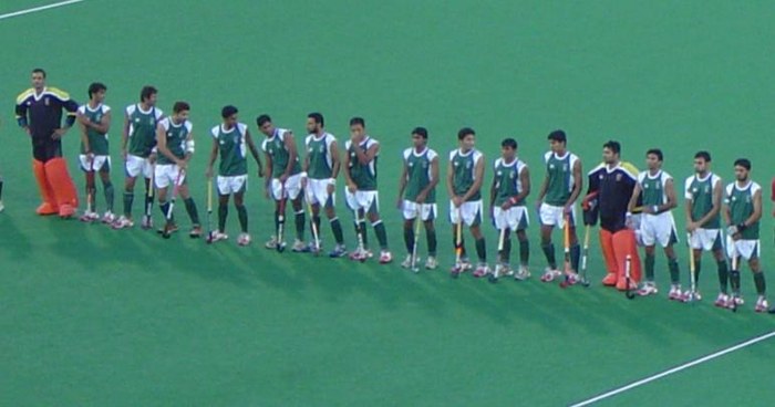 The Pakistan national field hockey team lined up in green kit before a match, as the Pakistan Hockey Federation launches a franchise league to revive the sport