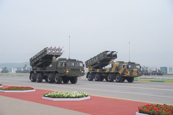 Pakistan Army Fatah-1 and Fatah-2 missile launcher vehicles on parade, the Fatah-2 system whose extended-range hypersonic version was successfully test-fired
