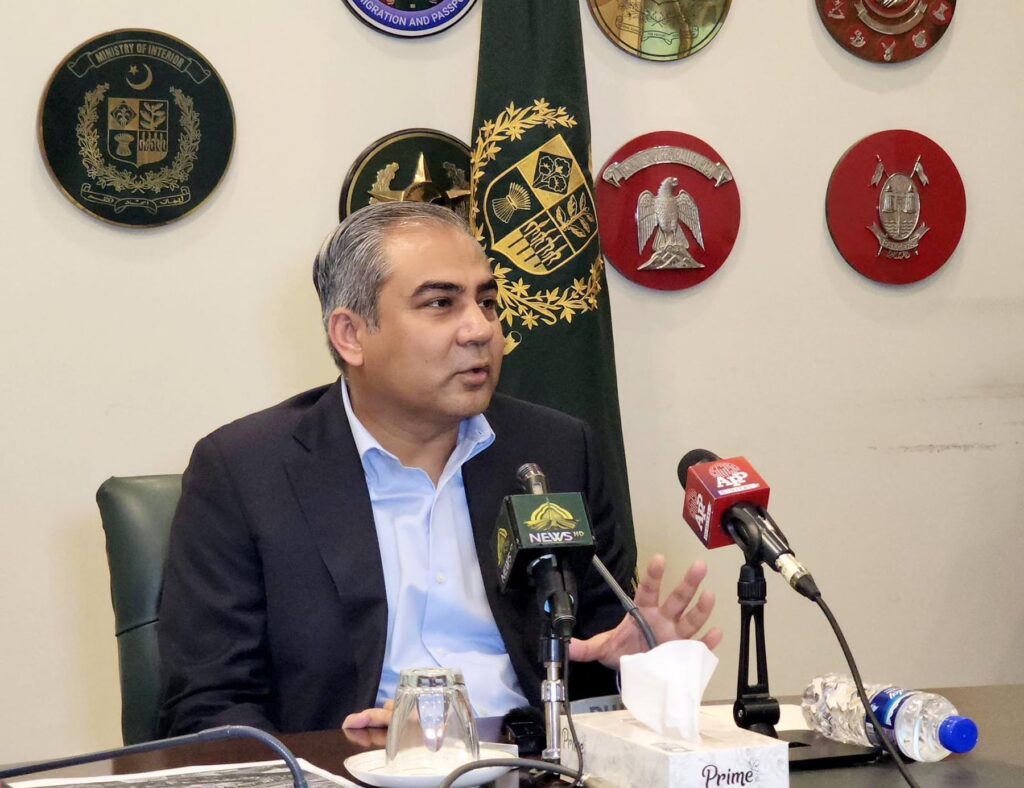 Pakistan Interior Minister Mohsin Naqvi, who co-chaired the Khyber Pakhtunkhwa Apex Committee meeting in Peshawar, addressing a press conference