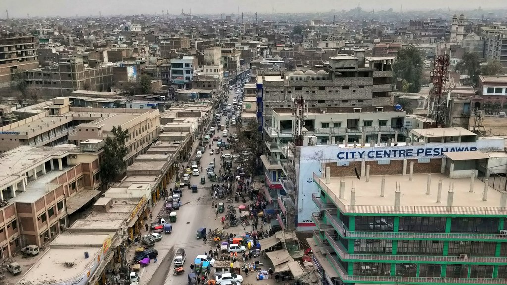 Aerial view of Peshawar city centre and its main road, in the city where Prime Minister Shehbaz Sharif chaired the Apex Committee meeting at Governor House