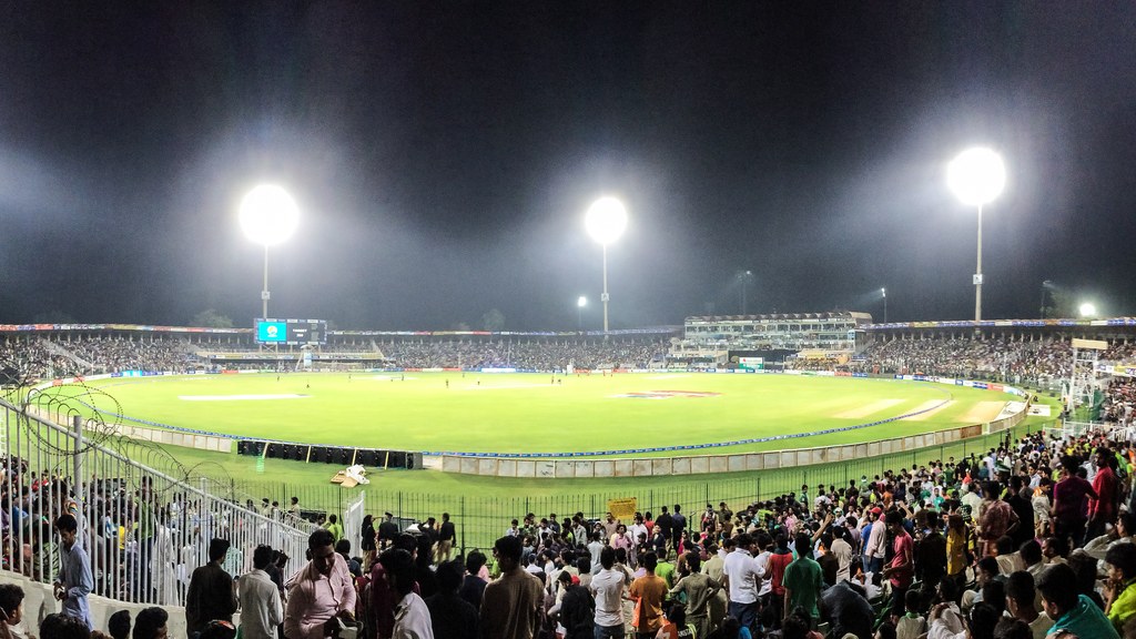 Gaddafi Stadium in Lahore under floodlights, the venue of the Pakistan-Sri Lanka ODI tri-series final, shown in a file photograph.