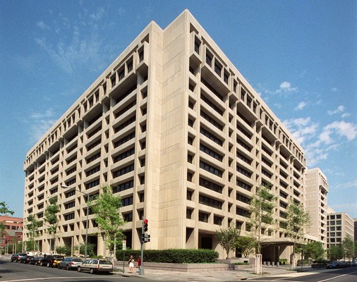 Headquarters building of the International Monetary Fund in Washington DC, the institution that raised Pakistan's inflation forecast to 9.9 percent for fiscal year 2026-27 in its World Economic Outlook