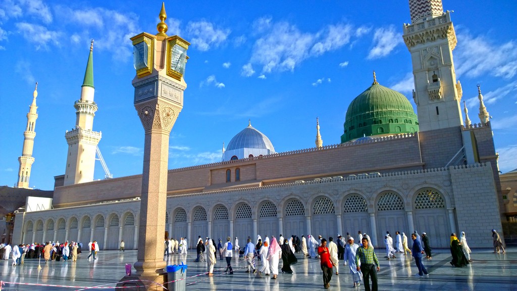 Worshippers in the courtyard of the Prophet's Mosque in Madinah with the Green Dome, which received 21.6 million visitors in September