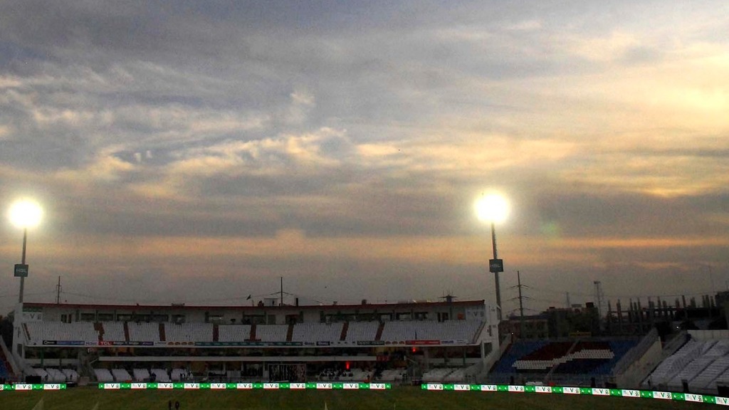 Rawalpindi Cricket Stadium under floodlights at dusk, the venue where Pakistan beat England by 87 runs in the ODI tri-series