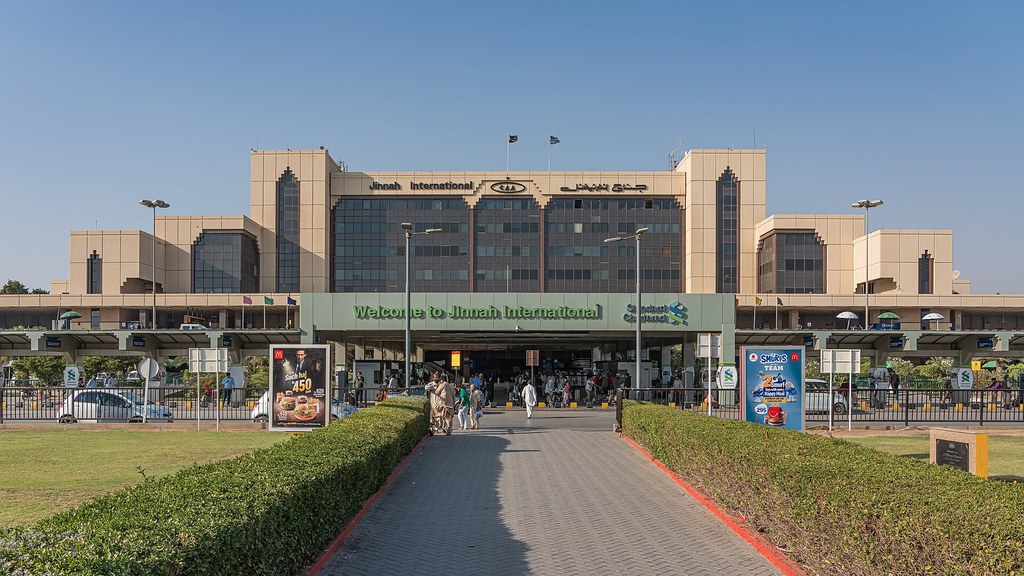 Terminal building of Jinnah International Airport in Karachi under a clear sky