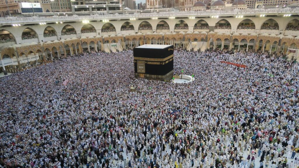 Pilgrims gathered around the Holy Kaaba at the Grand Mosque in Makkah during the pilgrimage