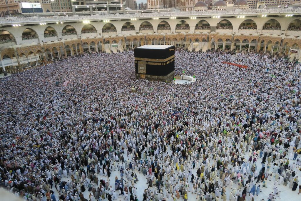 Pilgrims gathered around the Holy Kaaba at the Grand Mosque in Makkah during the pilgrimage