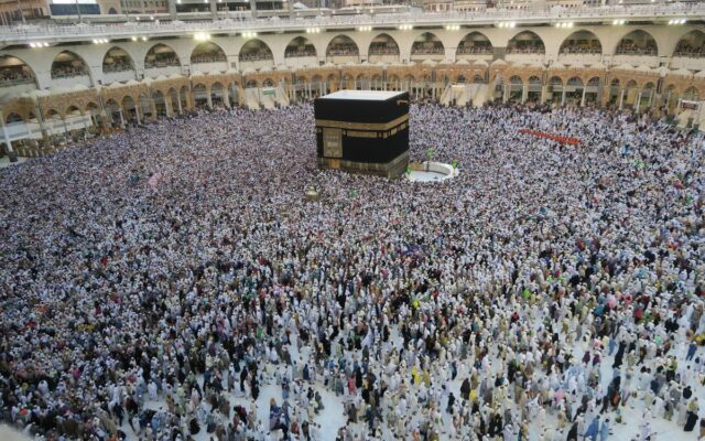 Pilgrims gathered around the Holy Kaaba at the Grand Mosque in Makkah during the pilgrimage