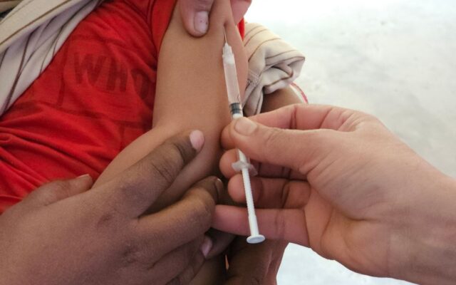 A young child receiving a vaccination from a healthcare professional