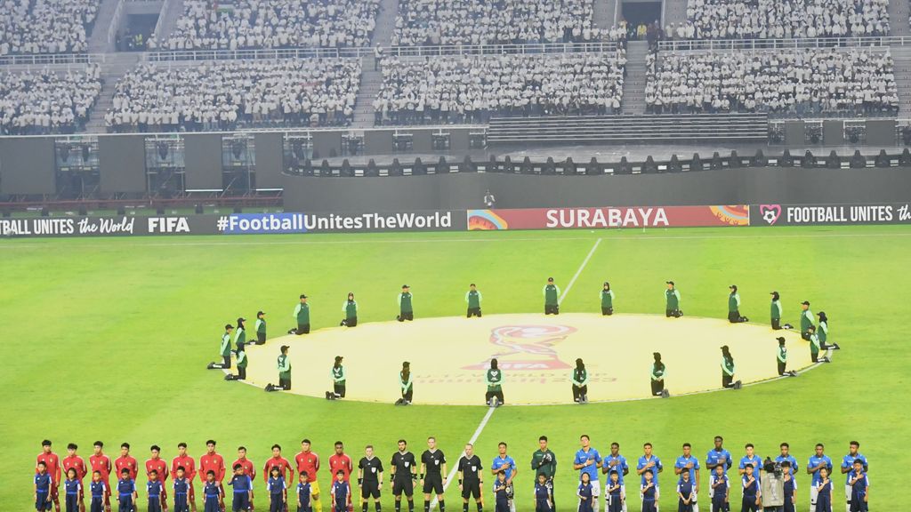 Teams line up before Indonesia vs Ecuador at the 2023 FIFA U-17 World Cup, shown in a file photograph. This is not the Pakistan-Djibouti match.