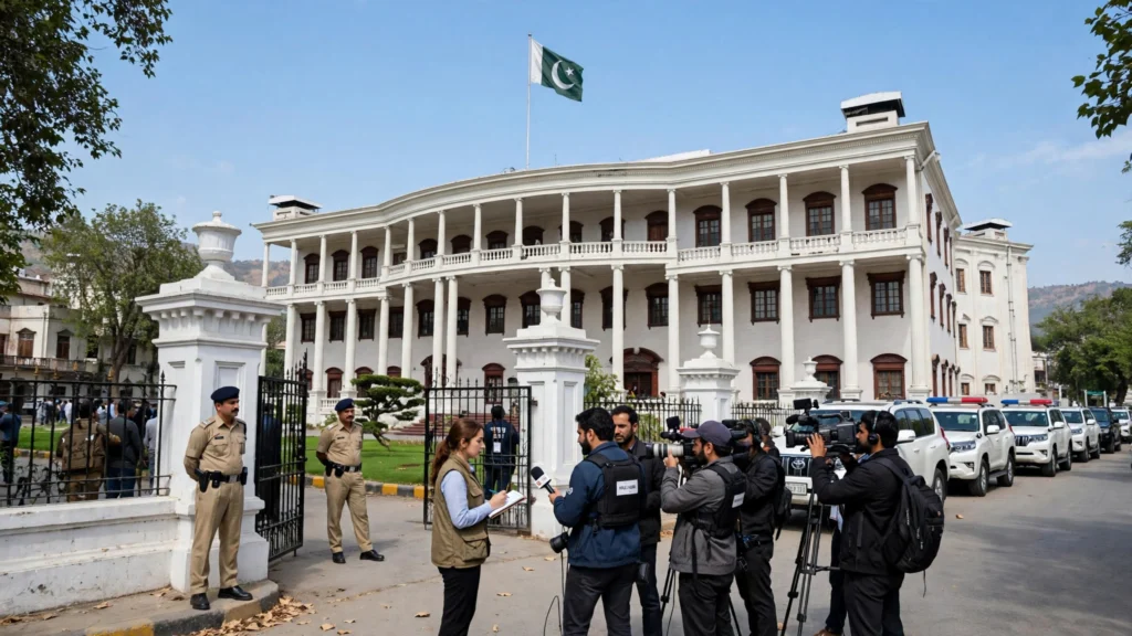 Provincial government building in Peshawar with Pakistani flag and police guard after governor rule imposed in Khyber Pakhtunkhwa