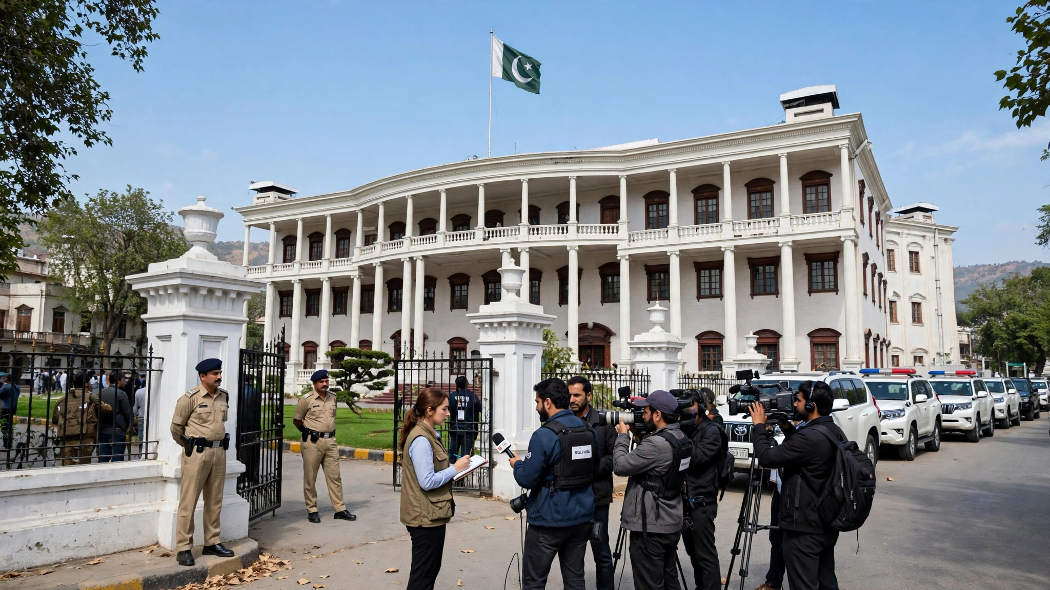 Provincial government building in Peshawar with Pakistani flag and police guard after governor rule imposed in Khyber Pakhtunkhwa