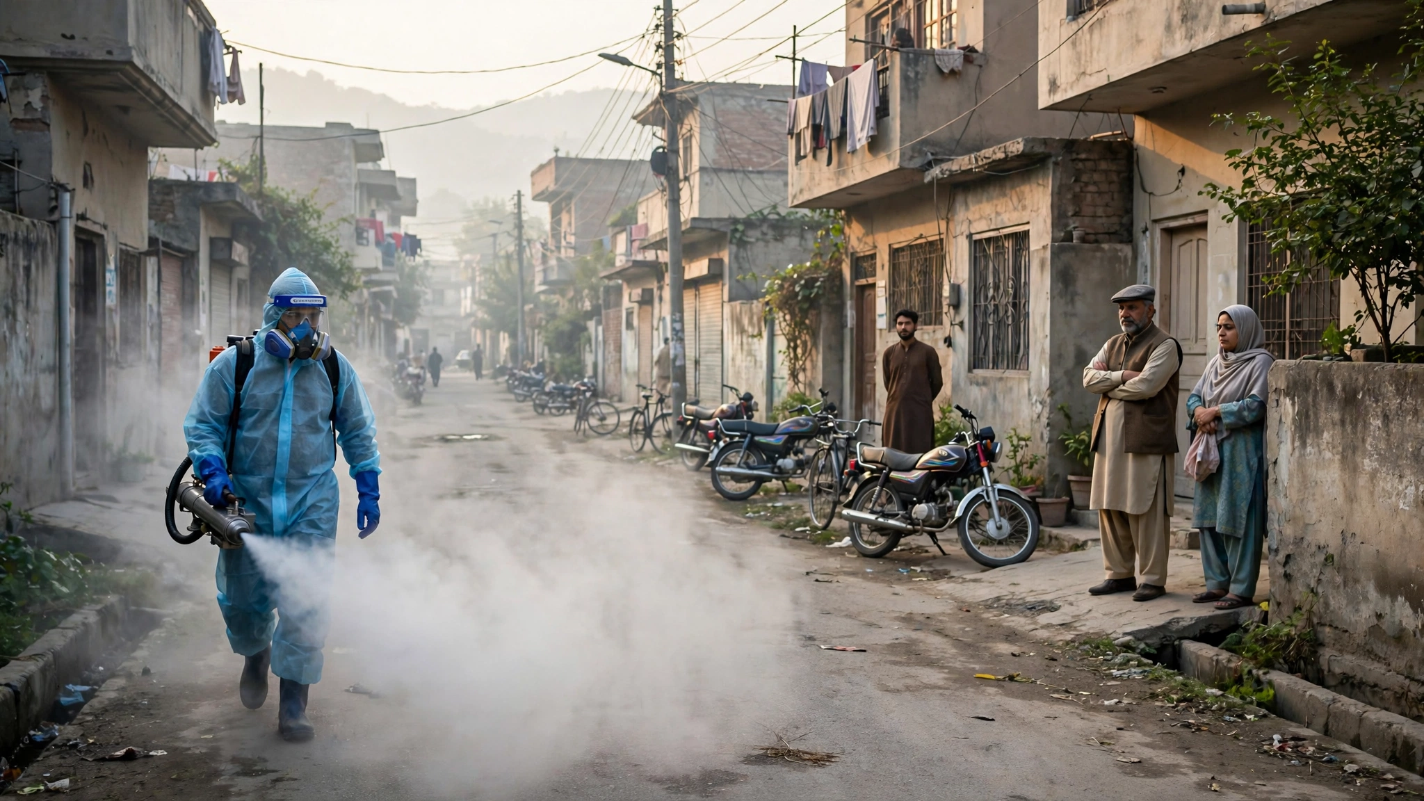 Health worker spraying anti-dengue larvicide in a residential street