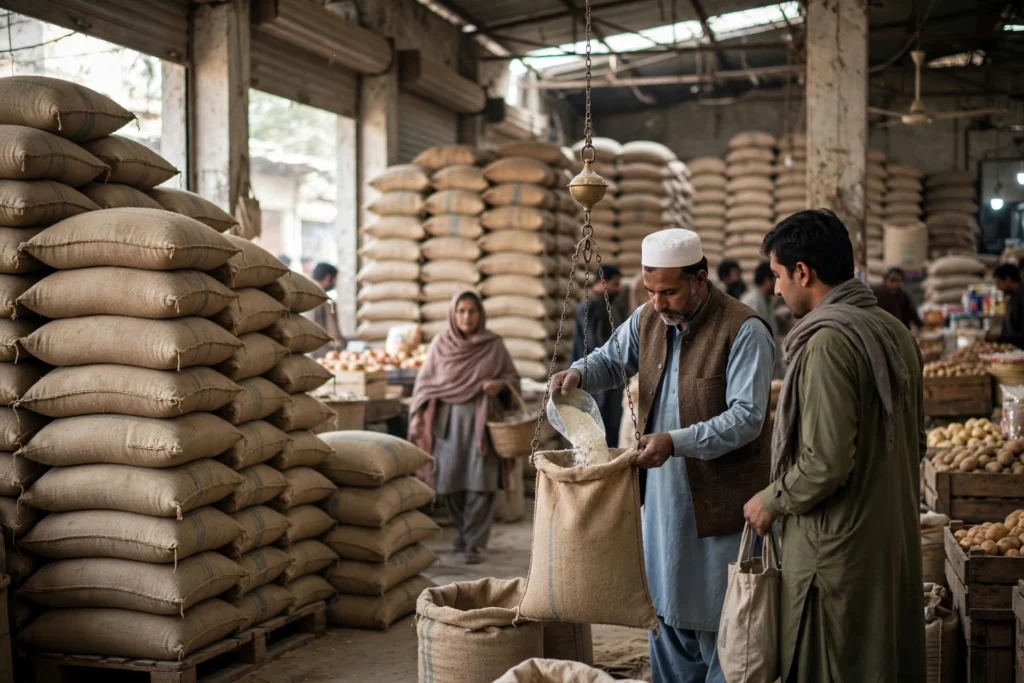 Sacks of wheat flour stacked at a grocery market in Pakistan