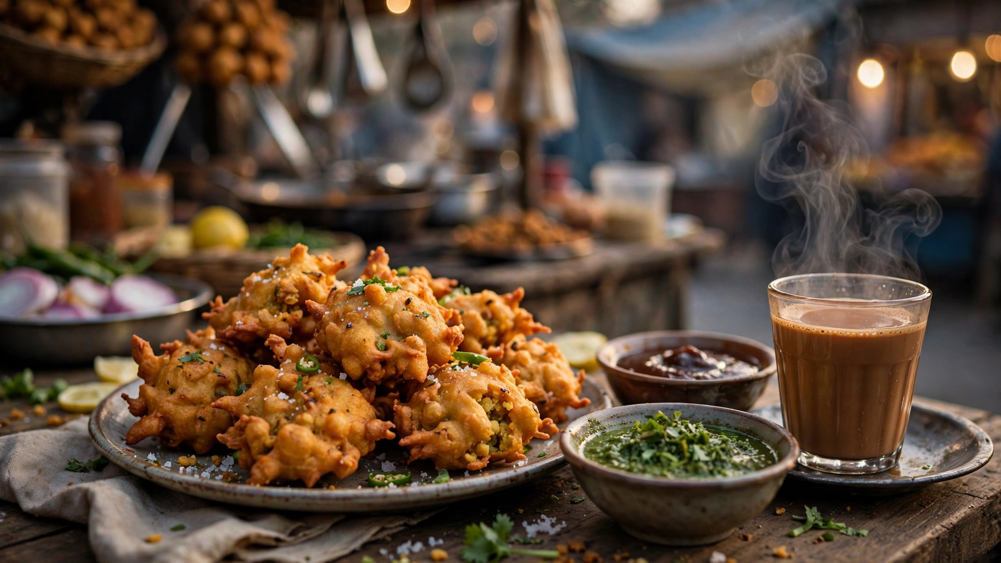 Crispy golden moong daal pathoray fritters served with chutney and hot tea