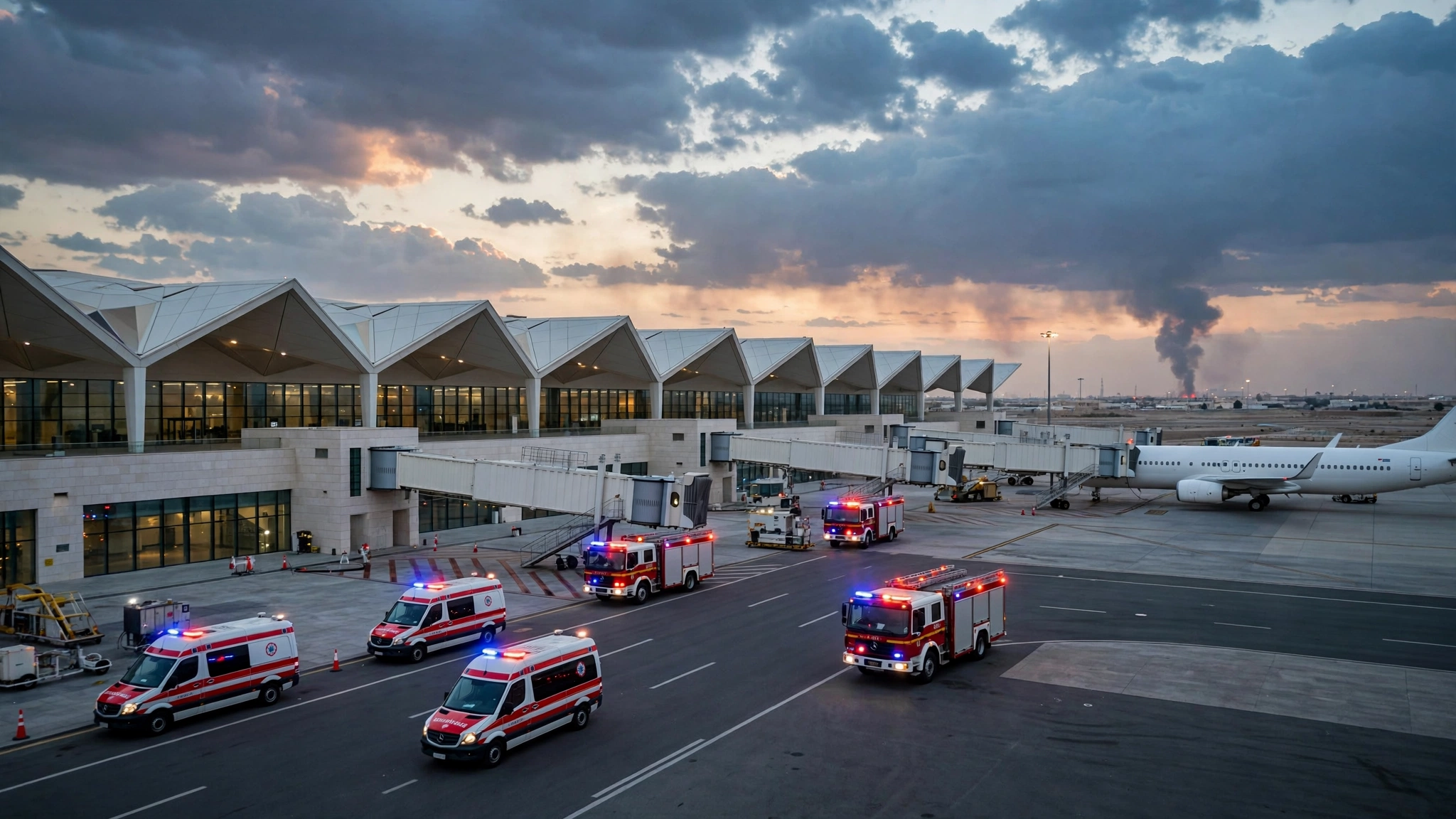 King Khalid International Airport Riyadh terminal at dusk with emergency vehicles after Houthi attack