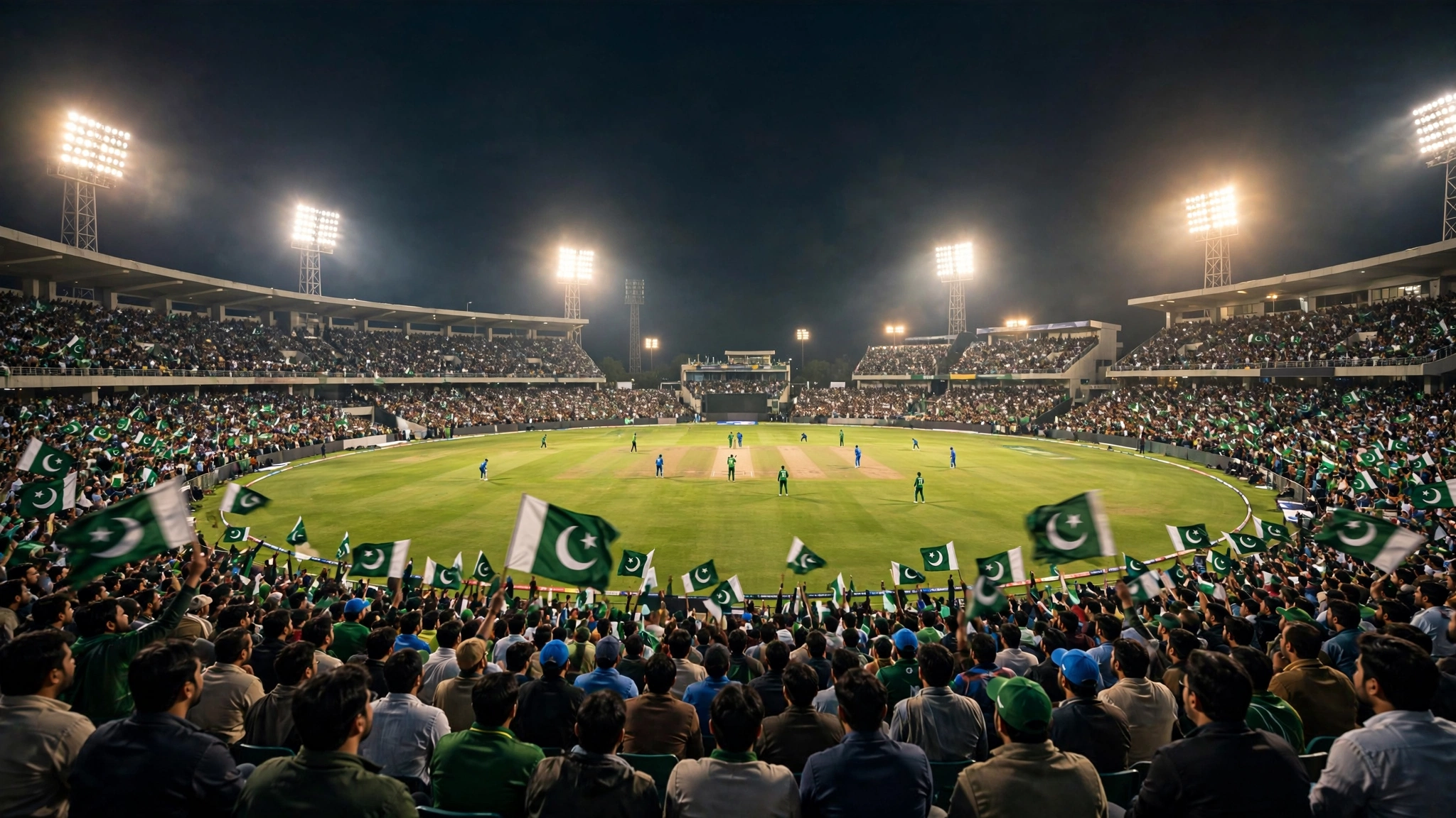 Rawalpindi Cricket Stadium under floodlights during a T20 international match