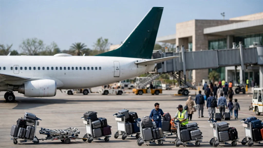 Passenger aircraft with green tail fin parked at an airport terminal in Pakistan