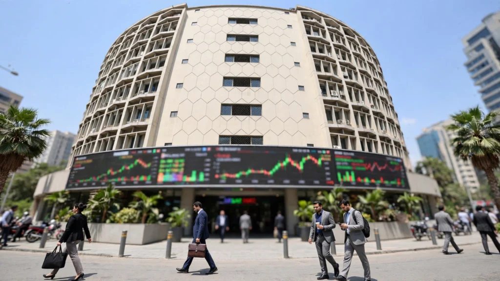 Pakistan Stock Exchange building in Karachi with an electronic trading screen