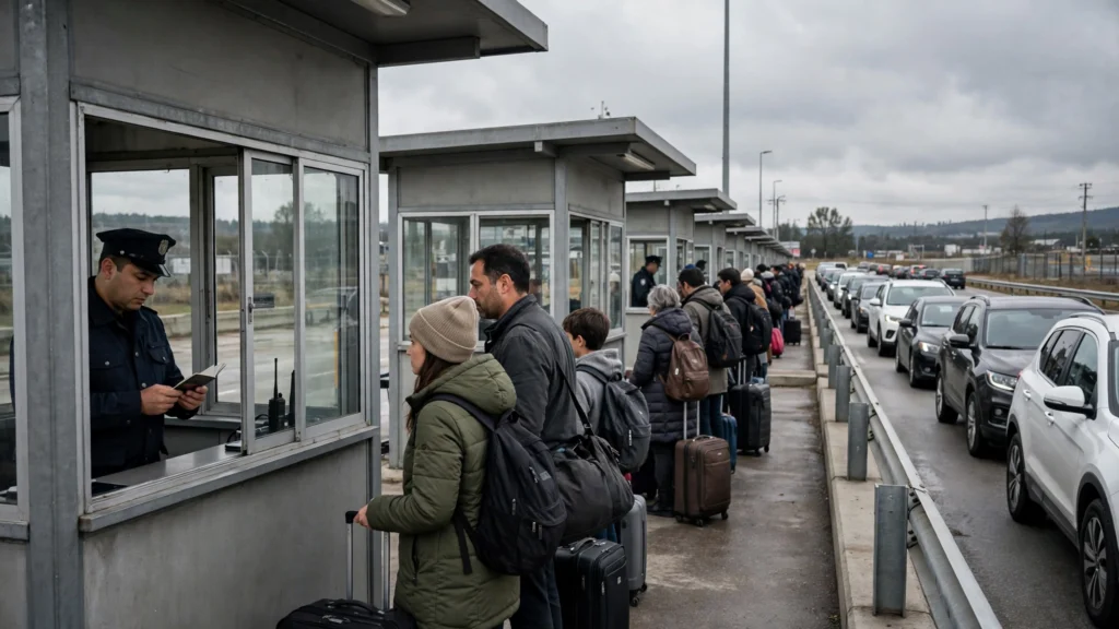 Border crossing checkpoint at Niagara with immigration officers and vehicles