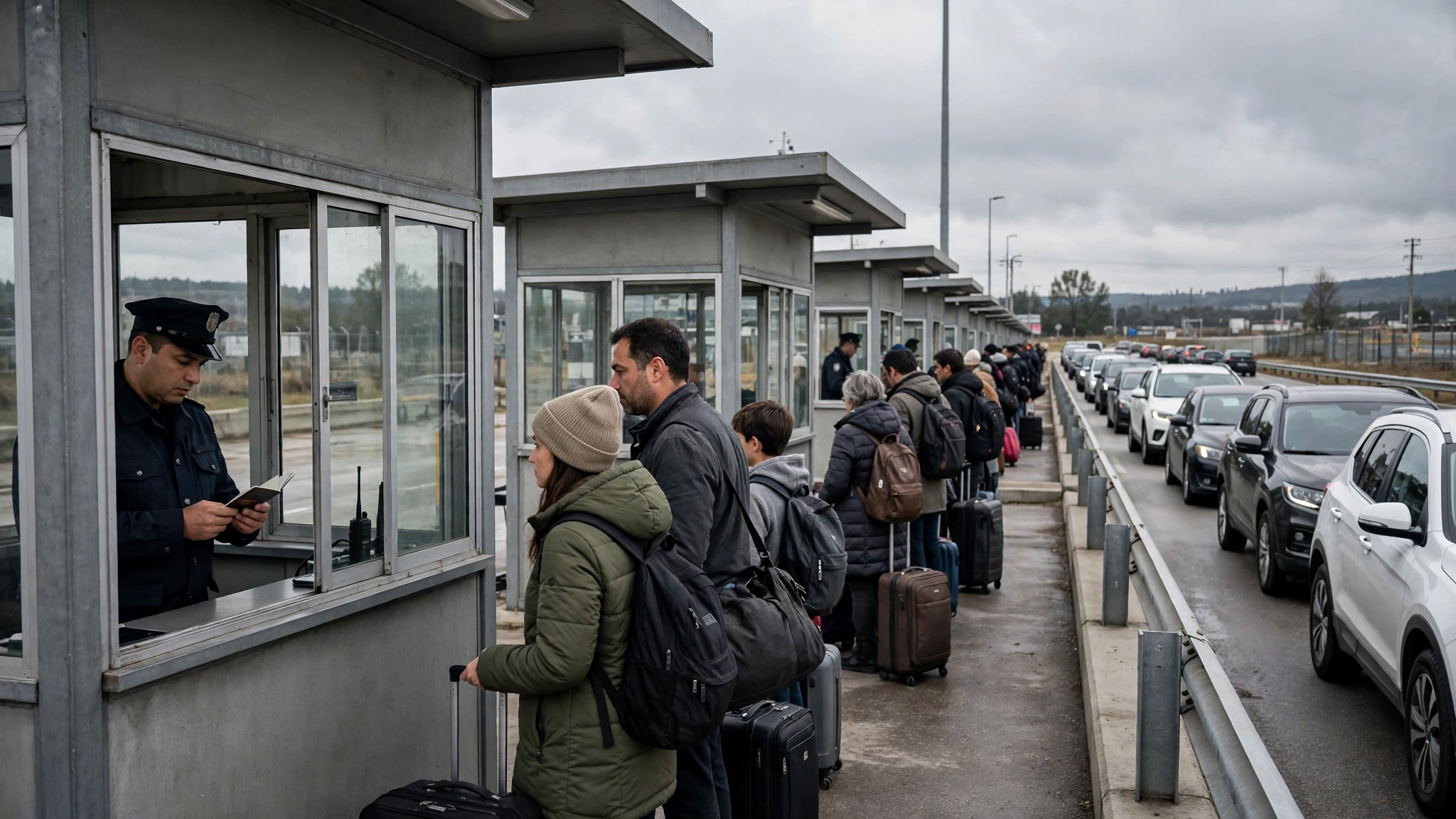 Border crossing checkpoint at Niagara with immigration officers and vehicles